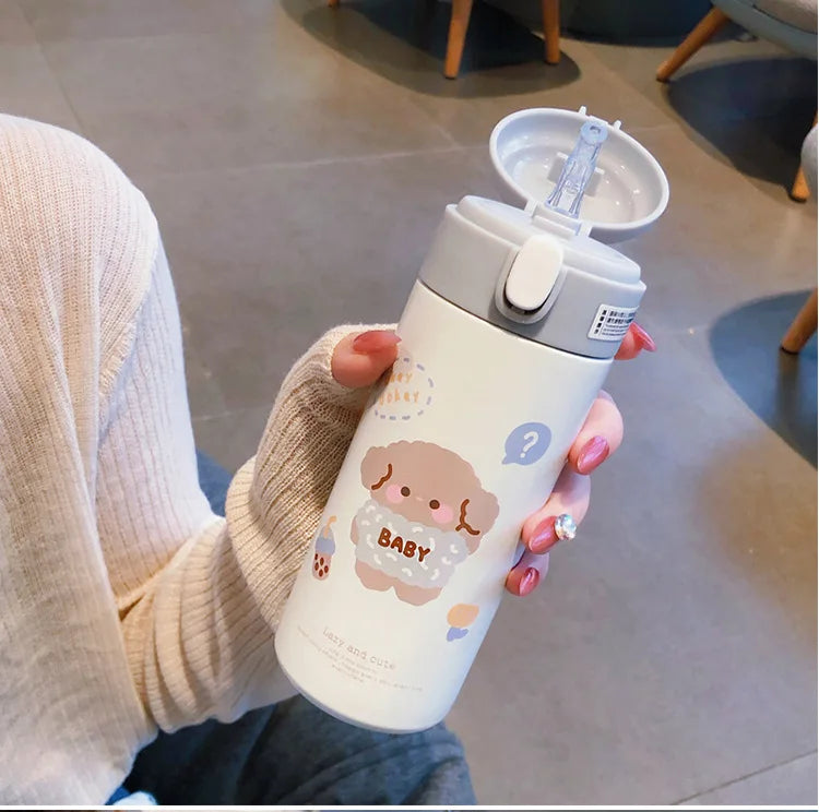 380ML Cute Cartoon Stainless Steel Thermos – Insulated Water Bottle with Straw