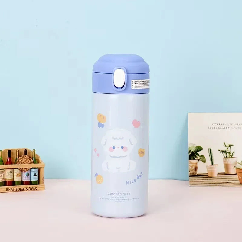 380ML Cute Cartoon Stainless Steel Thermos – Insulated Water Bottle with Straw