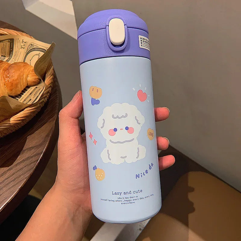 380ML Cute Cartoon Stainless Steel Thermos – Insulated Water Bottle with Straw