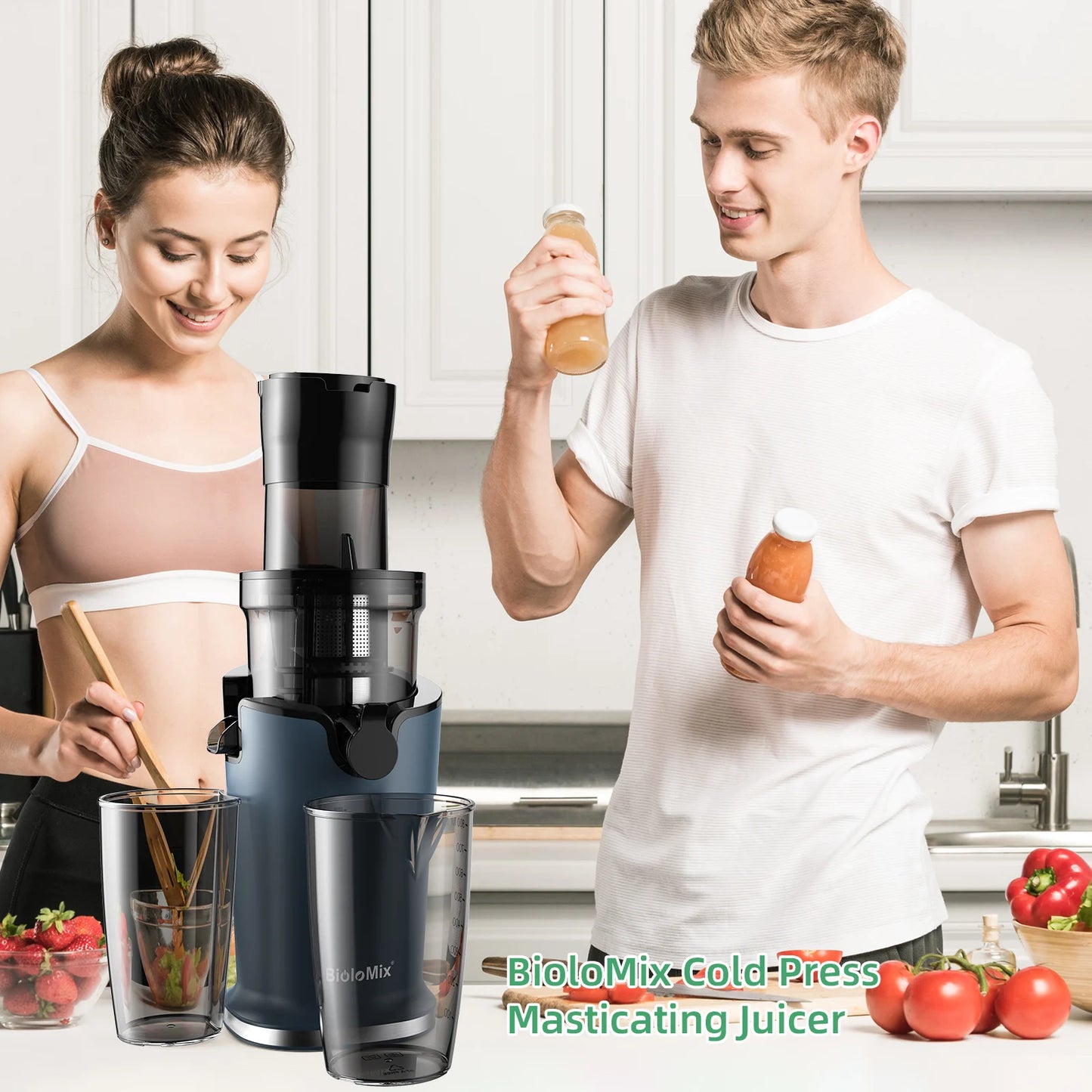 BioloMix Cold Press Juicer – 200W Slow Masticating Juice Extractor with 78mm Wide Feed Chute for Whole Fruits and Vegetables