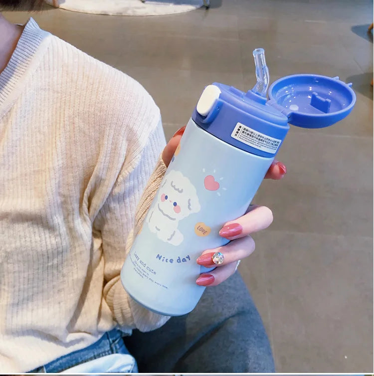 380ML Cute Cartoon Stainless Steel Thermos – Insulated Water Bottle with Straw