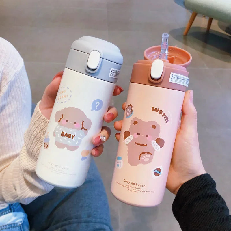 380ML Cute Cartoon Stainless Steel Thermos – Insulated Water Bottle with Straw