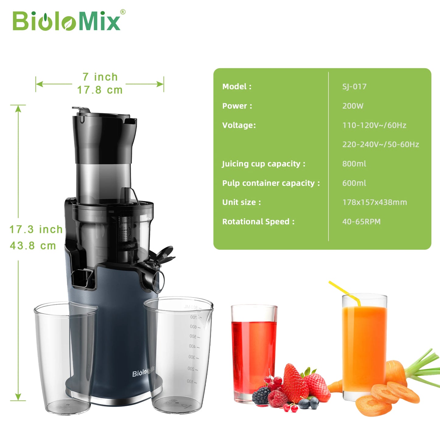 BioloMix Cold Press Juicer – 200W Slow Masticating Juice Extractor with 78mm Wide Feed Chute for Whole Fruits and Vegetables