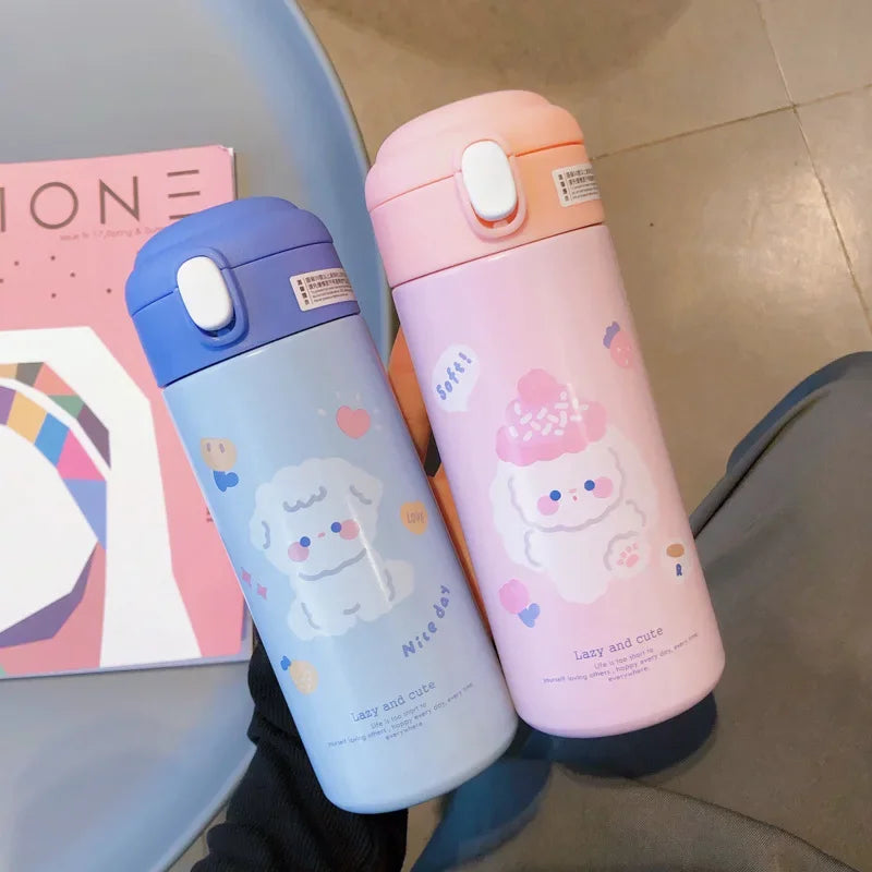 380ML Cute Cartoon Stainless Steel Thermos – Insulated Water Bottle with Straw