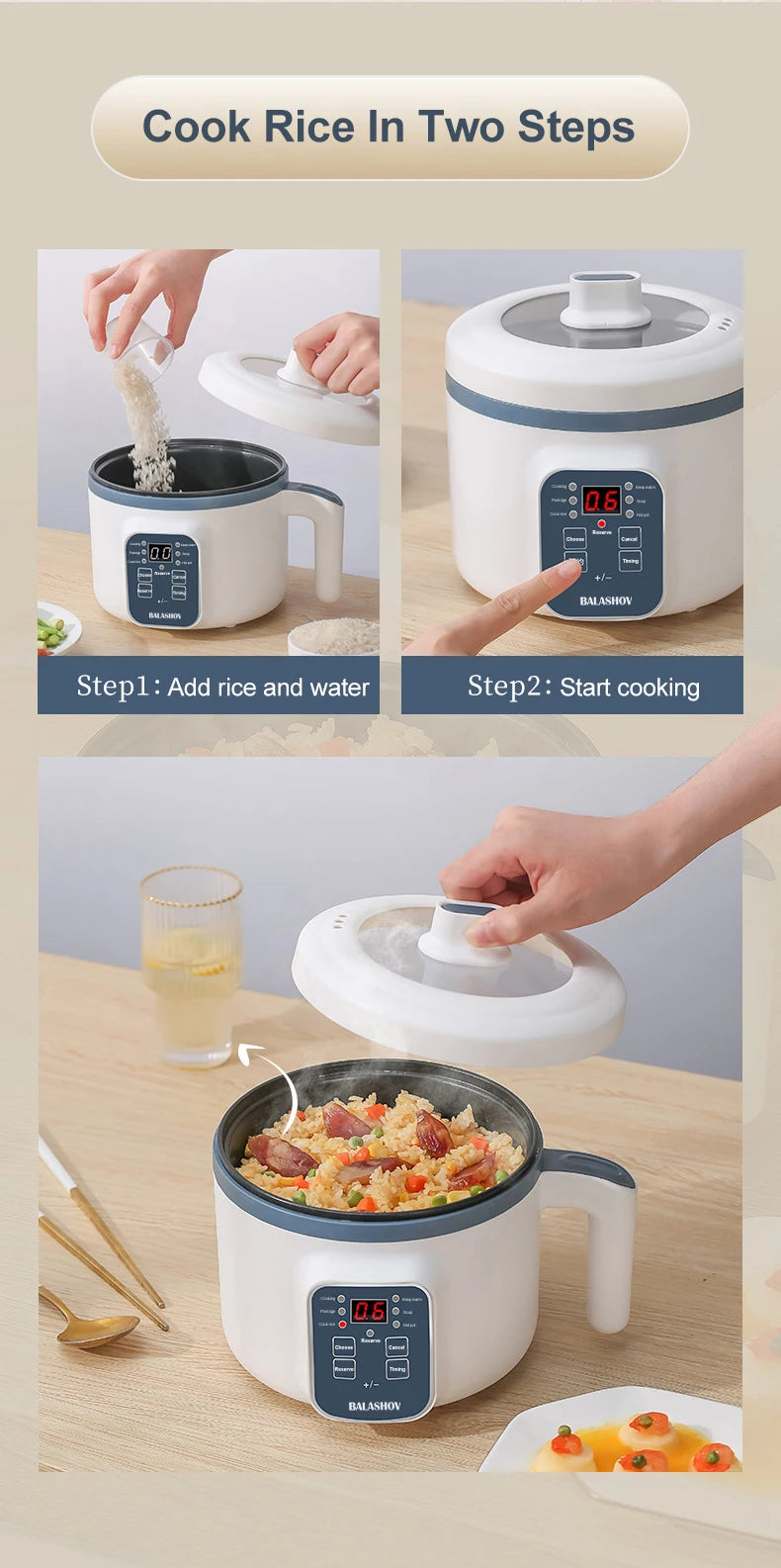 1.7L Electric Rice Cooker – Non-Stick Multi Cooker with Steamer, Smart Mechanical Controls, 220V