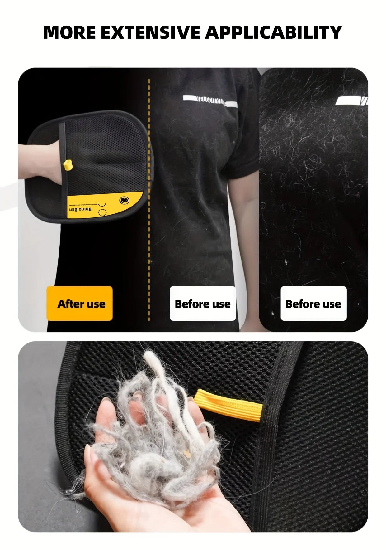 Upgraded Large Pet Hair Removal Gloves – Black Cat & Dog Grooming Mitts with Yellow Trim
