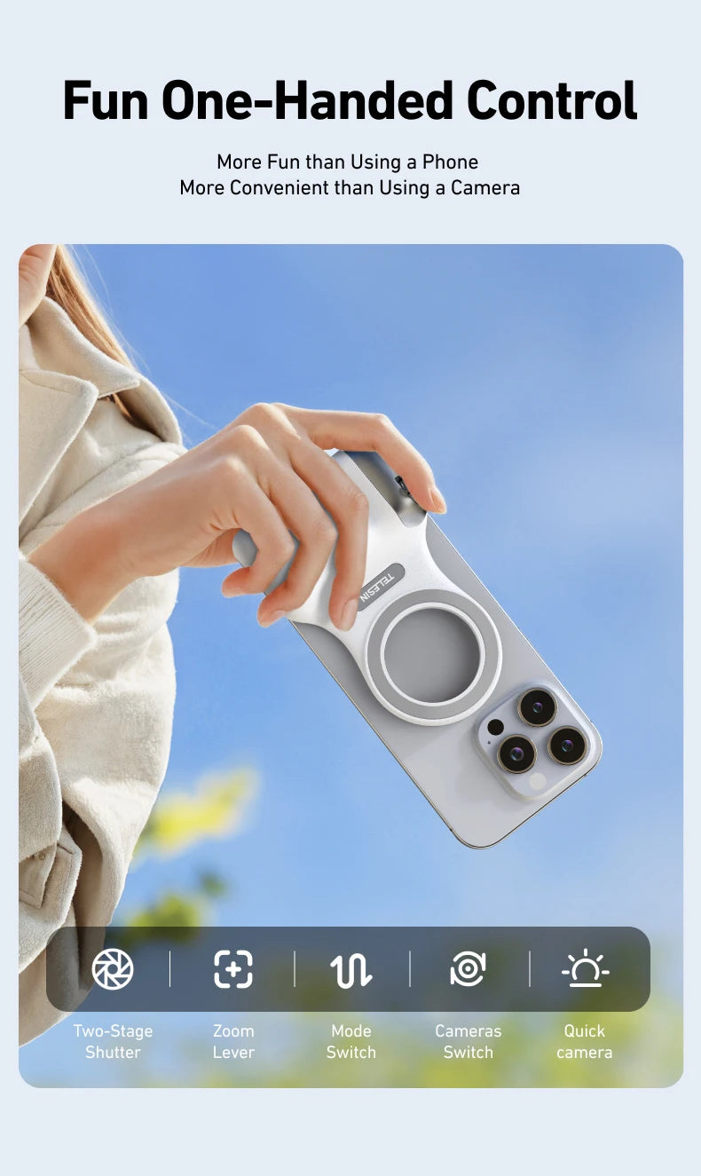 TELESIN Magnetic Phone Camera Grip with Remote – Shooting Handle for iPhone, Huawei & Samsung