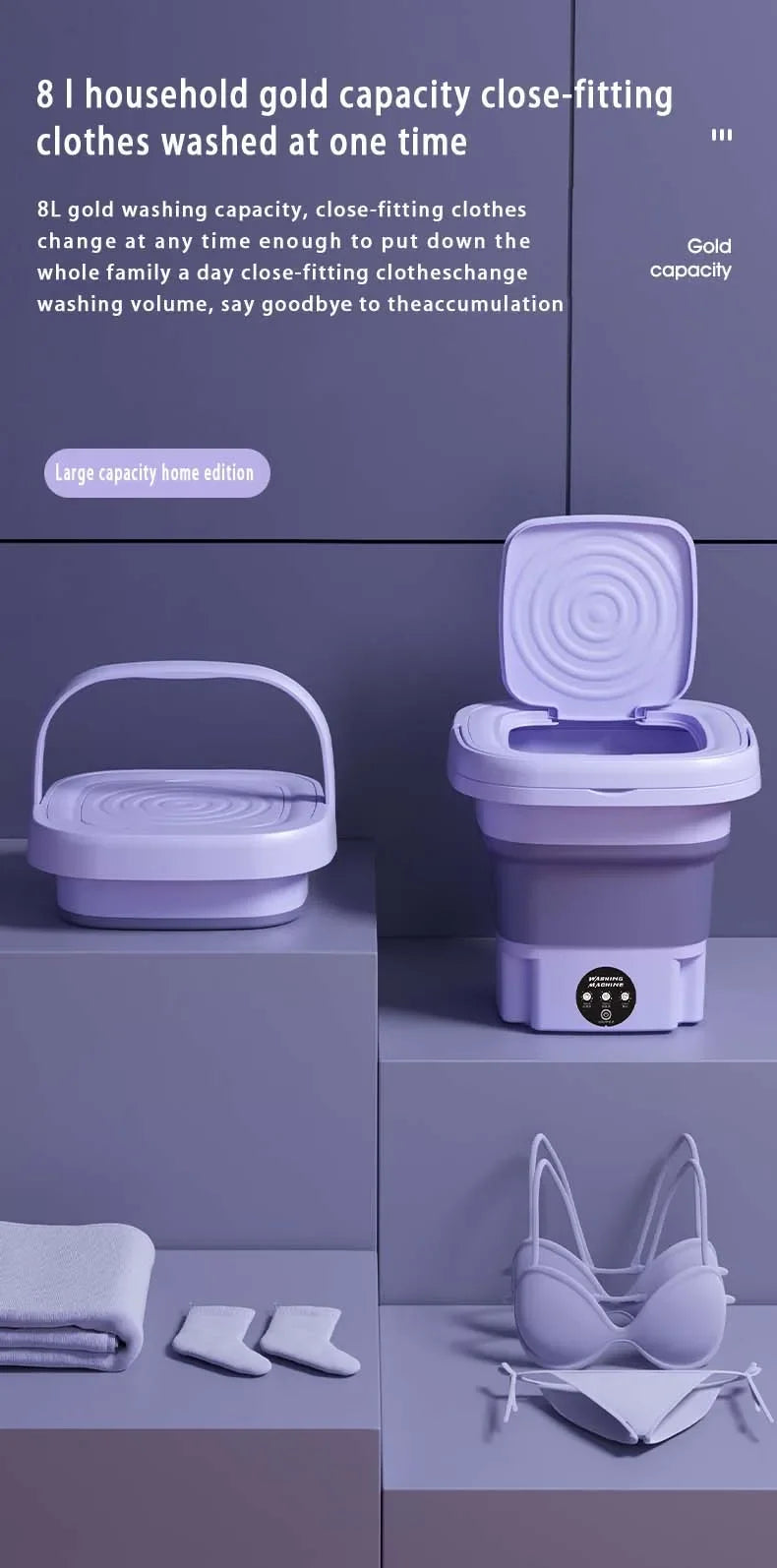 Mini Folding Washing Machine – 8L Portable Laundry Bucket for Dorms & Travel