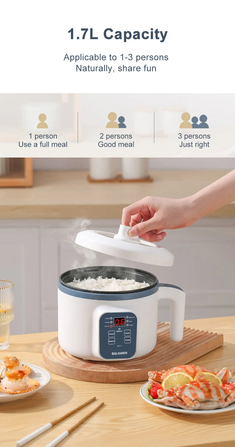 1.7L Electric Rice Cooker – Non-Stick Multi Cooker with Steamer, Smart Mechanical Controls, 220V