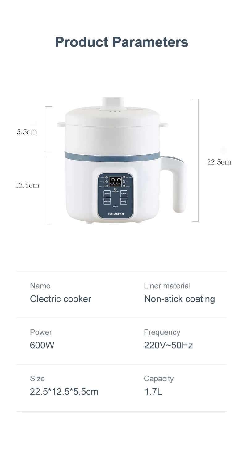 1.7L Electric Rice Cooker – Non-Stick Multi Cooker with Steamer, Smart Mechanical Controls, 220V