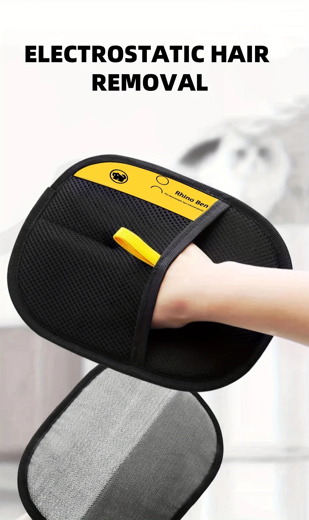 Upgraded Large Pet Hair Removal Gloves – Black Cat & Dog Grooming Mitts with Yellow Trim