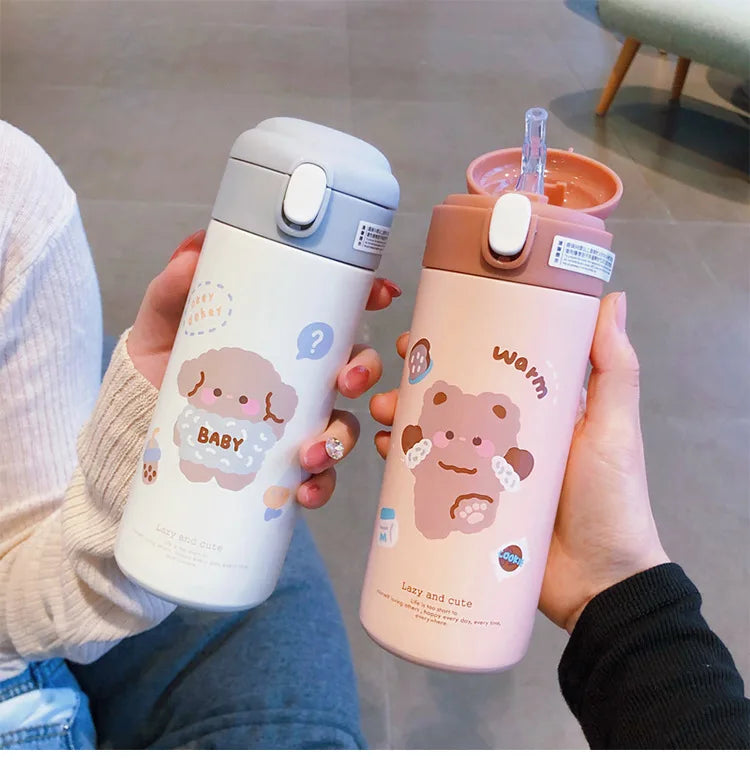 380ML Cute Cartoon Stainless Steel Thermos – Insulated Water Bottle with Straw