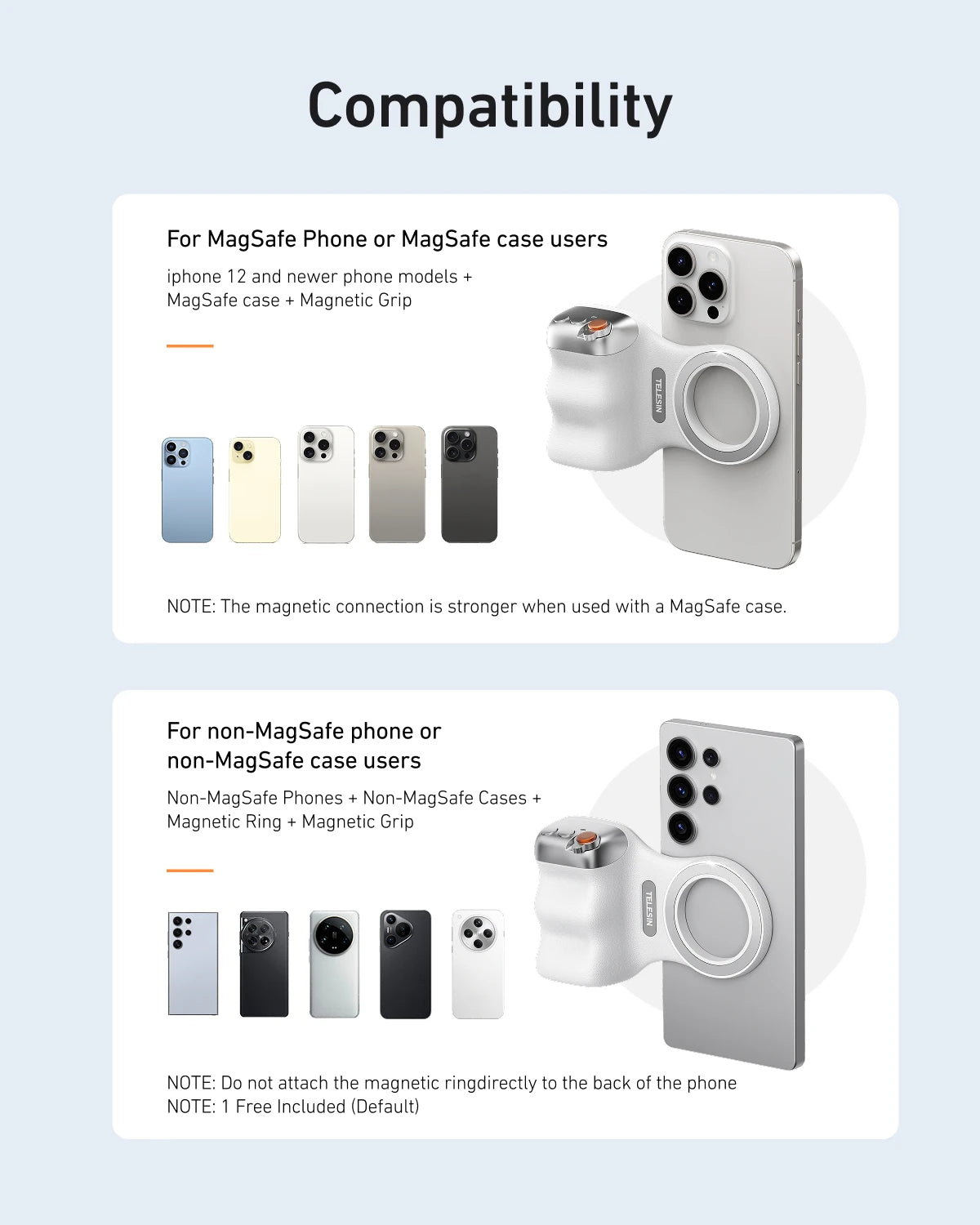 TELESIN Magnetic Phone Camera Grip with Remote – Shooting Handle for iPhone, Huawei & Samsung