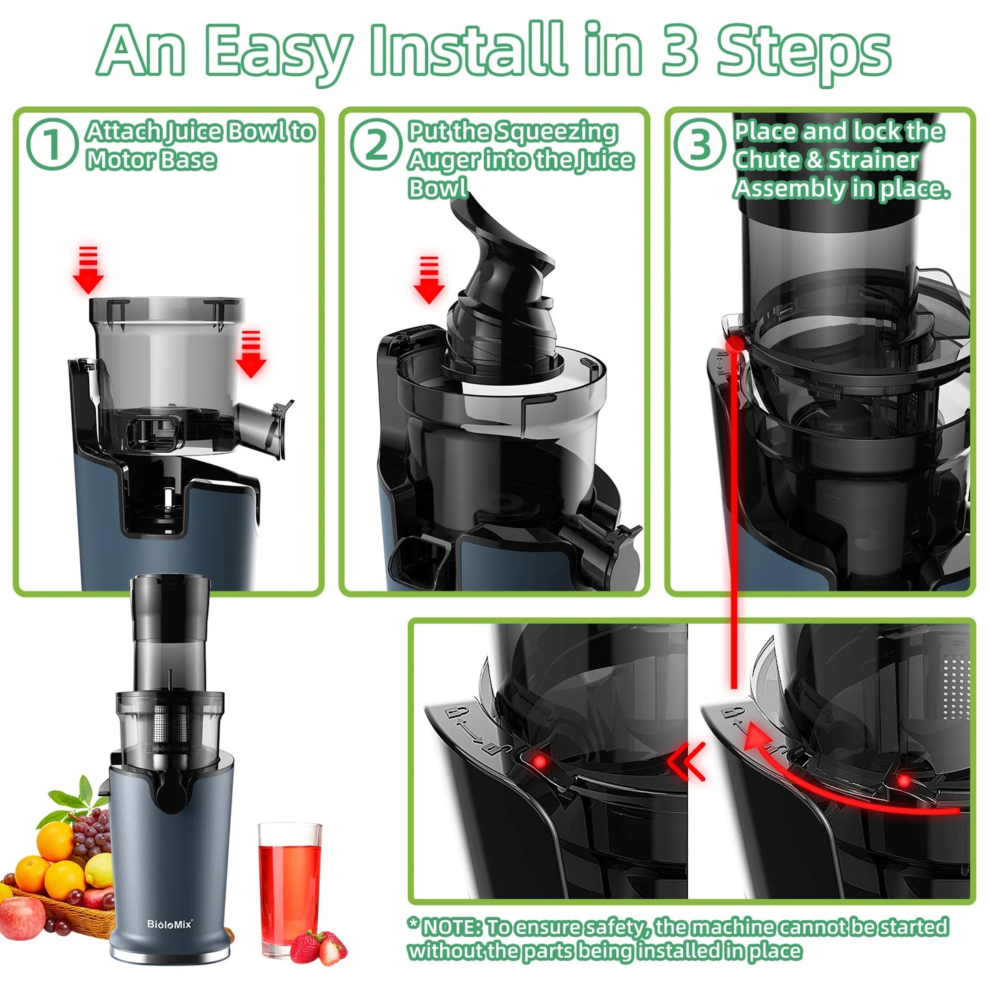 BioloMix Cold Press Juicer – 200W Slow Masticating Juice Extractor with 78mm Wide Feed Chute for Whole Fruits and Vegetables