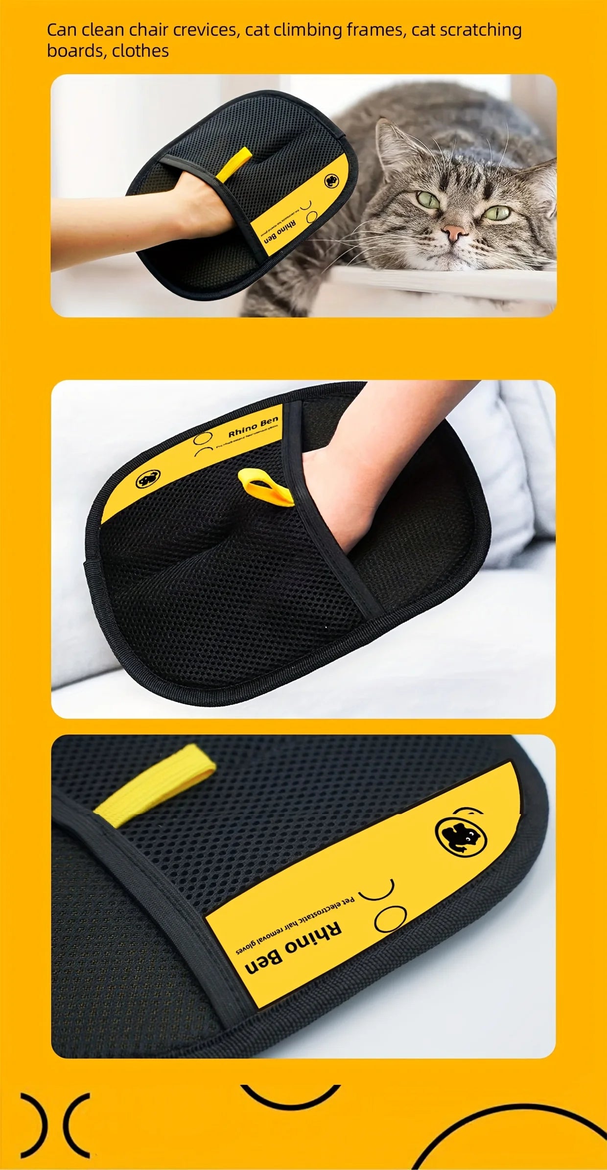 Upgraded Large Pet Hair Removal Gloves – Black Cat & Dog Grooming Mitts with Yellow Trim