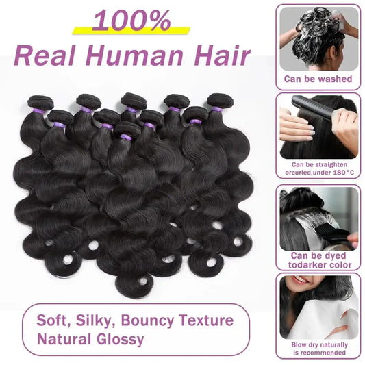 Brazilian Body Wave Human Hair Bundles with 4x4 Lace Closure – 3 Bundle Virgin Hair Set, Natural Black”