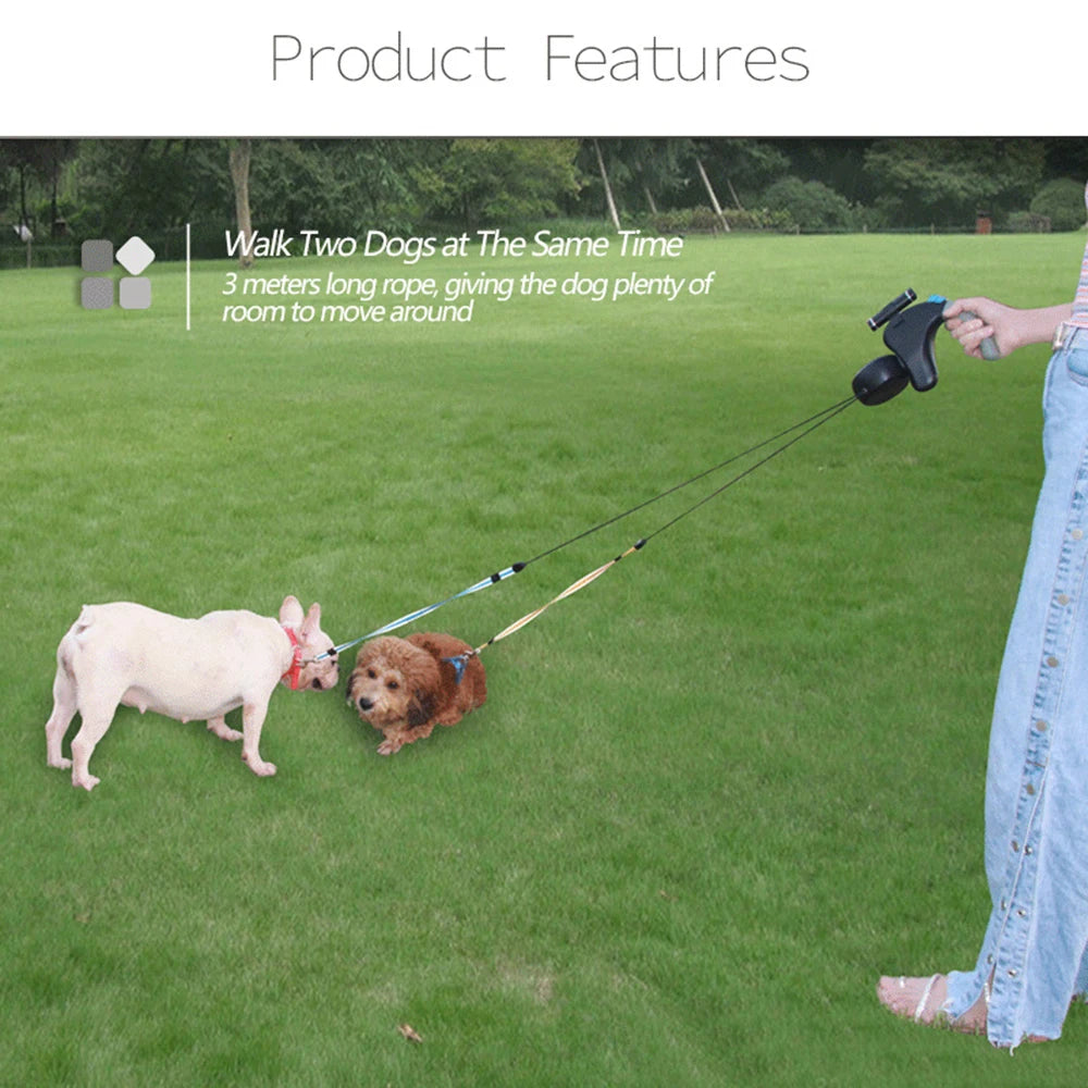 Retractable Dual Dog Leash with LED Light – Adjustable Double Pet Walking Rope with 360° Rotation