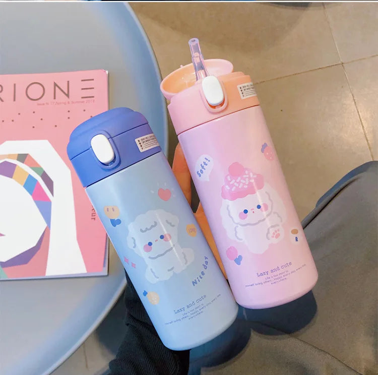 380ML Cute Cartoon Stainless Steel Thermos – Insulated Water Bottle with Straw
