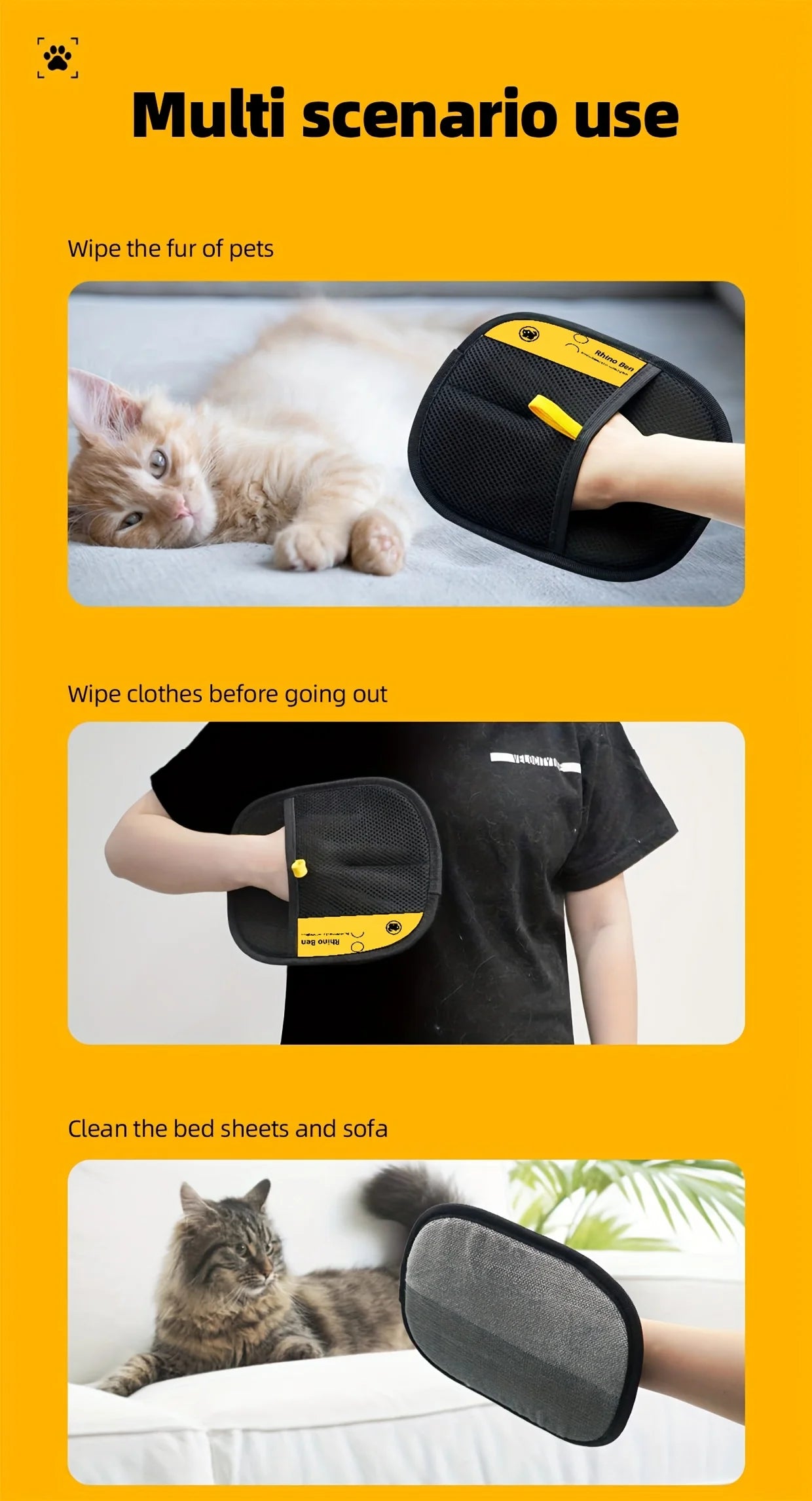 Upgraded Large Pet Hair Removal Gloves – Black Cat & Dog Grooming Mitts with Yellow Trim