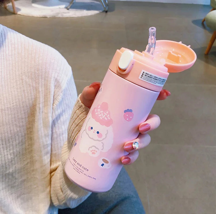 380ML Cute Cartoon Stainless Steel Thermos – Insulated Water Bottle with Straw
