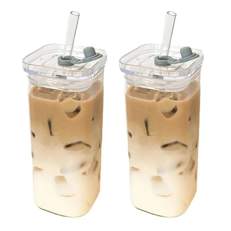 Square Heat Resistant Glass Cup with Lid and Straw – Transparent Coffee Milk Tea Juice Mug