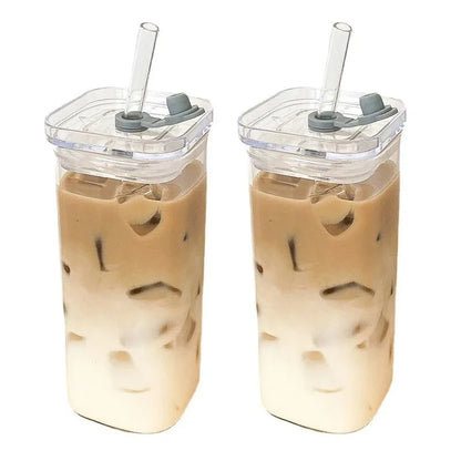 Square Heat Resistant Glass Cup with Lid and Straw – Transparent Coffee Milk Tea Juice Mug