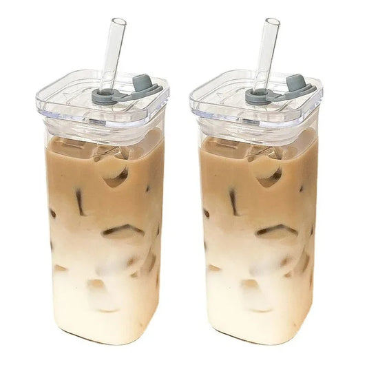 Square Heat Resistant Glass Cup with Lid and Straw – Transparent Coffee Milk Tea Juice Mug