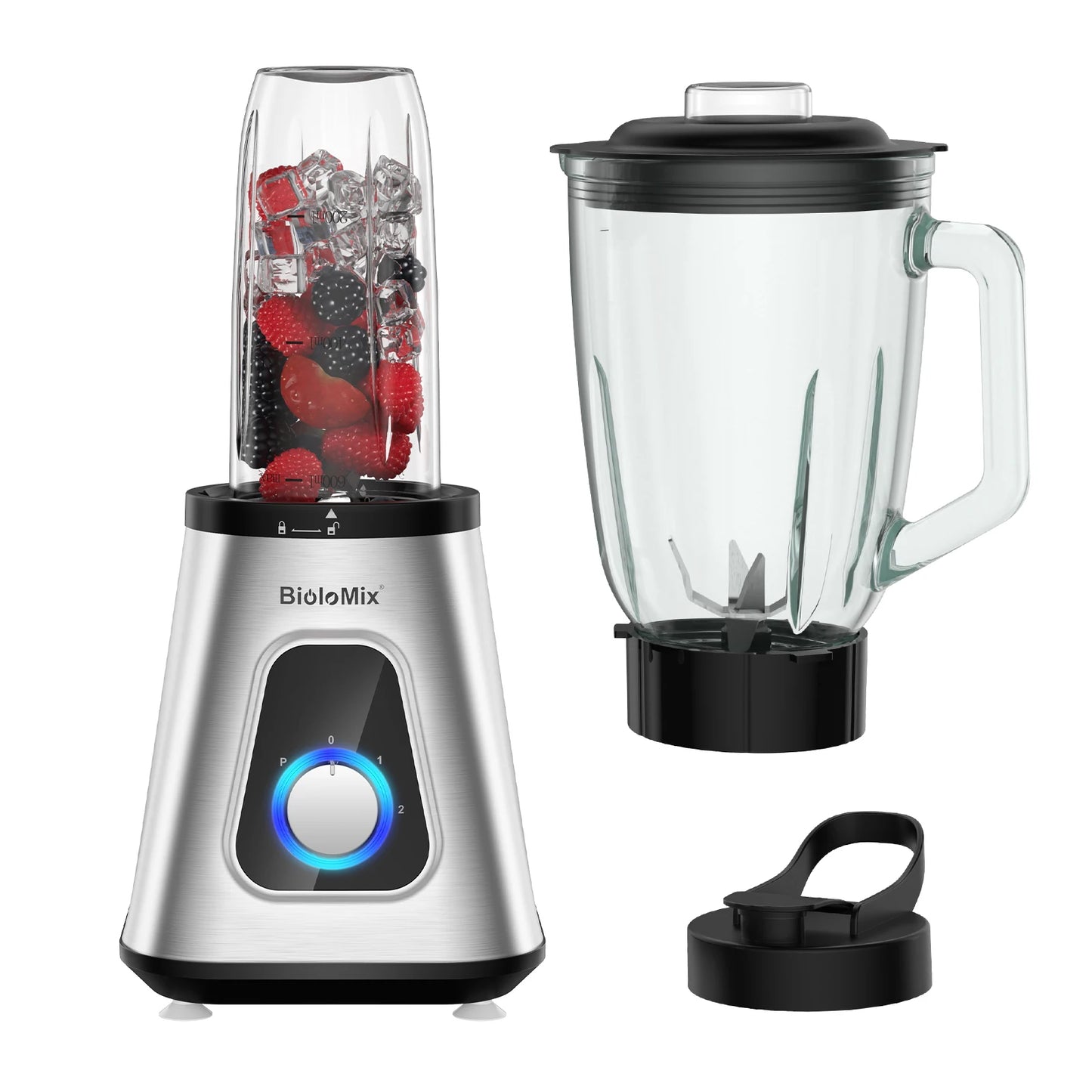 Powerful BioloMix 1300W Glass Blender – 1.5 L Jar & Personal Cup for Smoothies, Frozen Drinks and Sauces