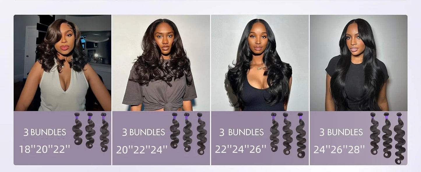 Brazilian Body Wave Human Hair Bundles with 4x4 Lace Closure – 3 Bundle Virgin Hair Set, Natural Black”