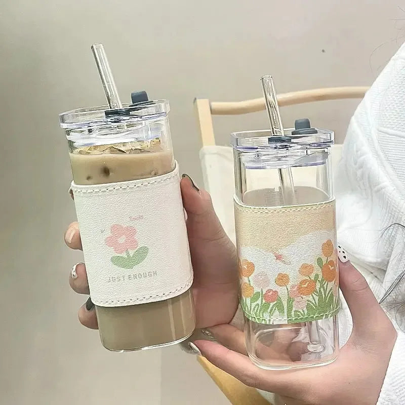 Square Heat Resistant Glass Cup with Lid and Straw – Transparent Coffee Milk Tea Juice Mug