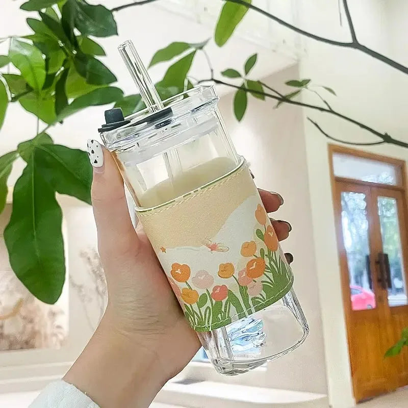 Square Heat Resistant Glass Cup with Lid and Straw – Transparent Coffee Milk Tea Juice Mug