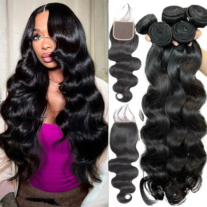 Brazilian Body Wave Human Hair Bundles with 4x4 Lace Closure – 3 Bundle Virgin Hair Set, Natural Black”