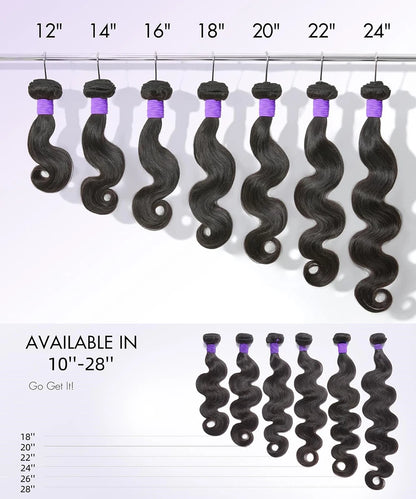 Brazilian Body Wave Human Hair Bundles with 4x4 Lace Closure – 3 Bundle Virgin Hair Set, Natural Black”