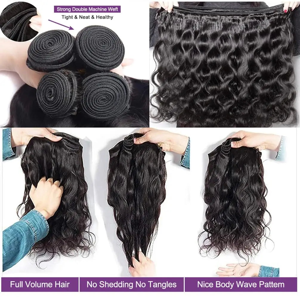 Brazilian Body Wave Human Hair Bundles with 4x4 Lace Closure – 3 Bundle Virgin Hair Set, Natural Black”