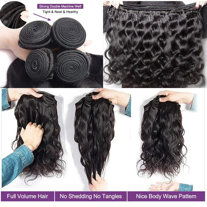 Brazilian Body Wave Human Hair Bundles with 4x4 Lace Closure – 3 Bundle Virgin Hair Set, Natural Black”