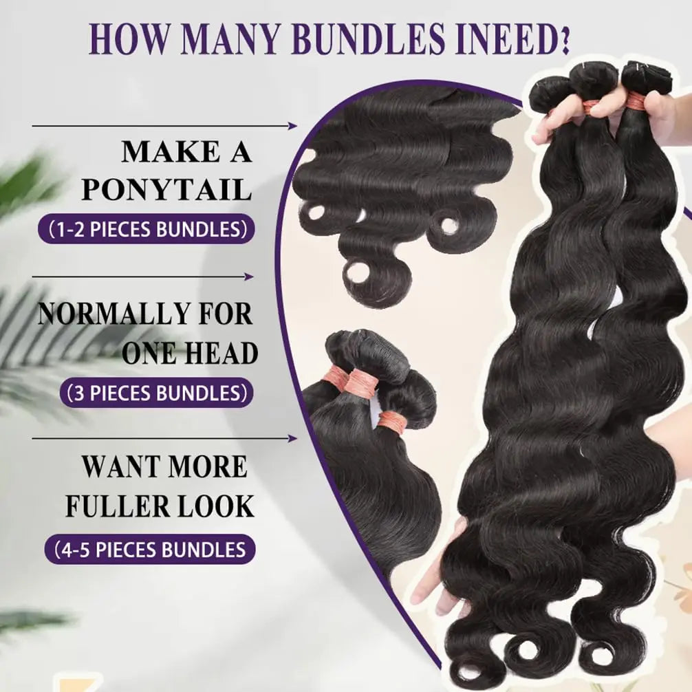 Brazilian Body Wave Human Hair Bundles with 4x4 Lace Closure – 3 Bundle Virgin Hair Set, Natural Black”