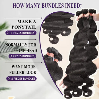Brazilian Body Wave Human Hair Bundles with 4x4 Lace Closure – 3 Bundle Virgin Hair Set, Natural Black”
