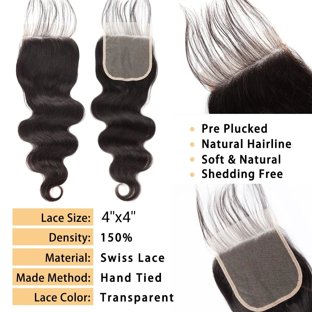Brazilian Body Wave Human Hair Bundles with 4x4 Lace Closure – 3 Bundle Virgin Hair Set, Natural Black”