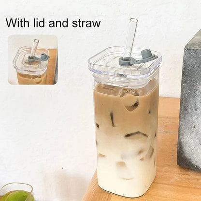 Square Heat Resistant Glass Cup with Lid and Straw – Transparent Coffee Milk Tea Juice Mug