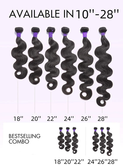 Brazilian Body Wave Human Hair Bundles with 4x4 Lace Closure – 3 Bundle Virgin Hair Set, Natural Black”
