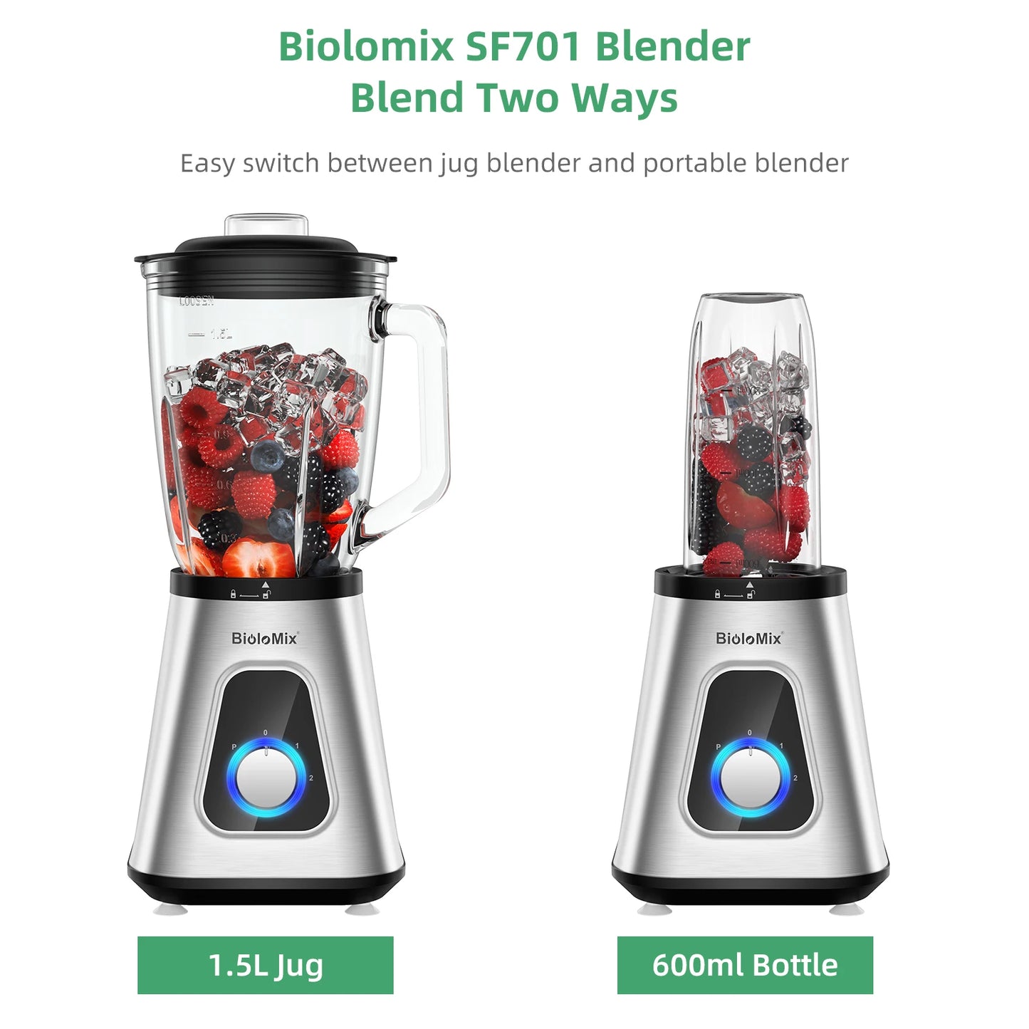 Powerful BioloMix 1300W Glass Blender – 1.5 L Jar & Personal Cup for Smoothies, Frozen Drinks and Sauces
