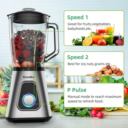 Powerful BioloMix 1300W Glass Blender – 1.5 L Jar & Personal Cup for Smoothies, Frozen Drinks and Sauces