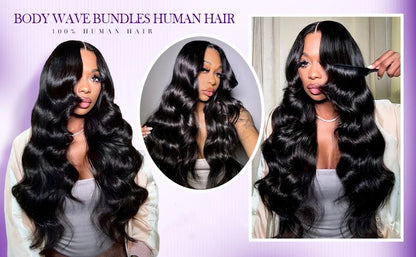 Brazilian Body Wave Human Hair Bundles with 4x4 Lace Closure – 3 Bundle Virgin Hair Set, Natural Black”