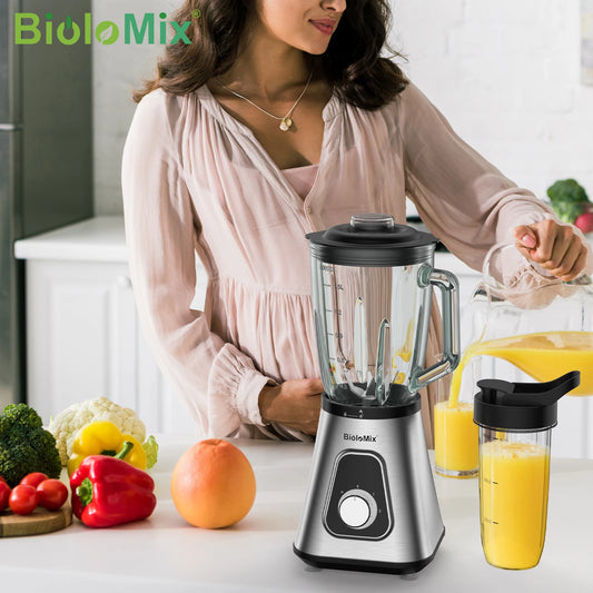 Powerful BioloMix 1300W Glass Blender – 1.5 L Jar & Personal Cup for Smoothies, Frozen Drinks and Sauces