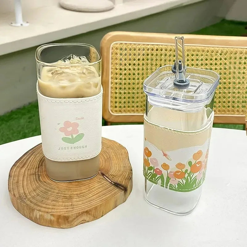 Square Heat Resistant Glass Cup with Lid and Straw – Transparent Coffee Milk Tea Juice Mug