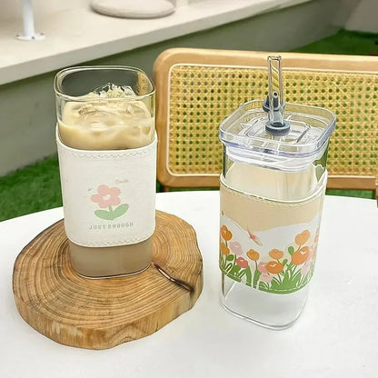 Square Heat Resistant Glass Cup with Lid and Straw – Transparent Coffee Milk Tea Juice Mug