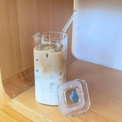 Square Heat Resistant Glass Cup with Lid and Straw – Transparent Coffee Milk Tea Juice Mug