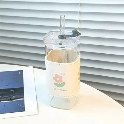 Square Heat Resistant Glass Cup with Lid and Straw – Transparent Coffee Milk Tea Juice Mug