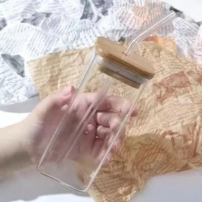 Square Heat Resistant Glass Cup with Lid and Straw – Transparent Coffee Milk Tea Juice Mug