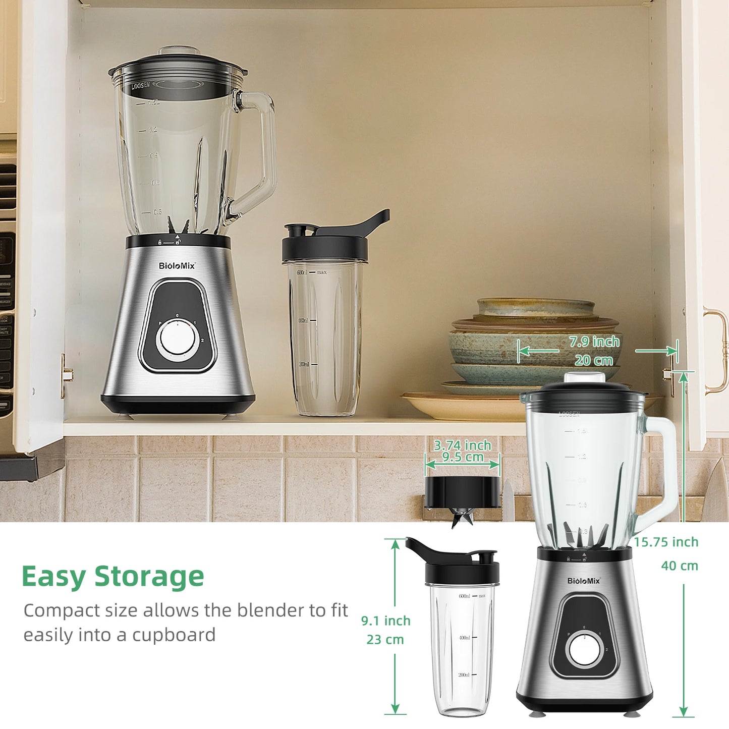 Powerful BioloMix 1300W Glass Blender – 1.5 L Jar & Personal Cup for Smoothies, Frozen Drinks and Sauces
